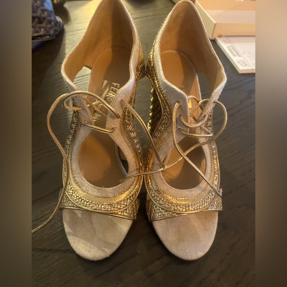 Salvatore Ferragamo New Tan Canvas Leather Tie Up Heels Sandals Booties